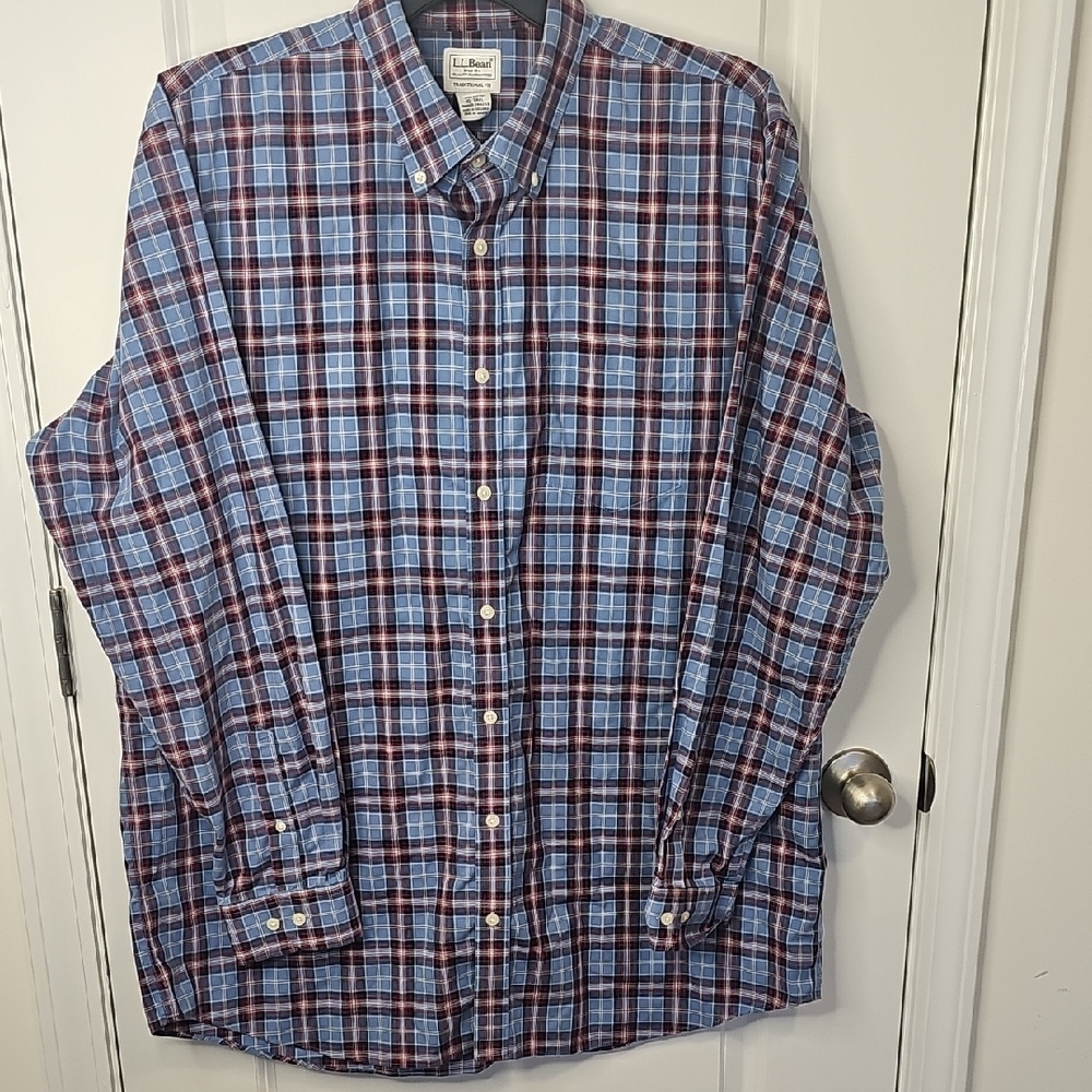 L.L. Bean Men's Casual Blue and Red Checkered Shirt Size Xl Tall